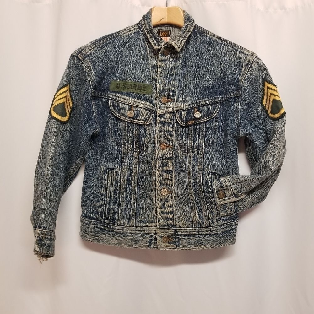 Vintage 90s y2k Lee Grunge Military Style Blue Jean Denim Trucker Jacket Kids Md